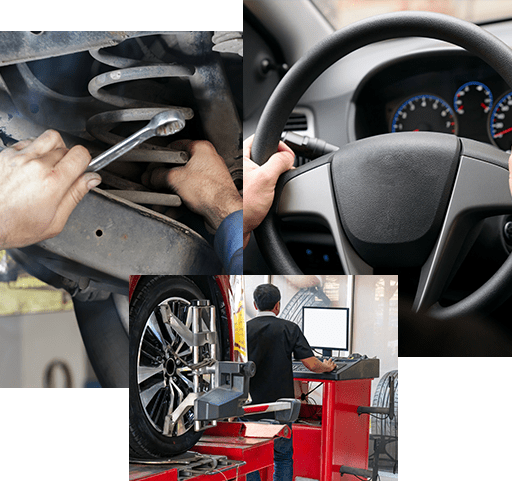 Car on stand with sensors on wheels for wheels alignment camber check in workshop of Service station, Close-up Of A Man Hands Holding Steering Wheel While Driving Car, Hands mechanics to repair the suspension on the car