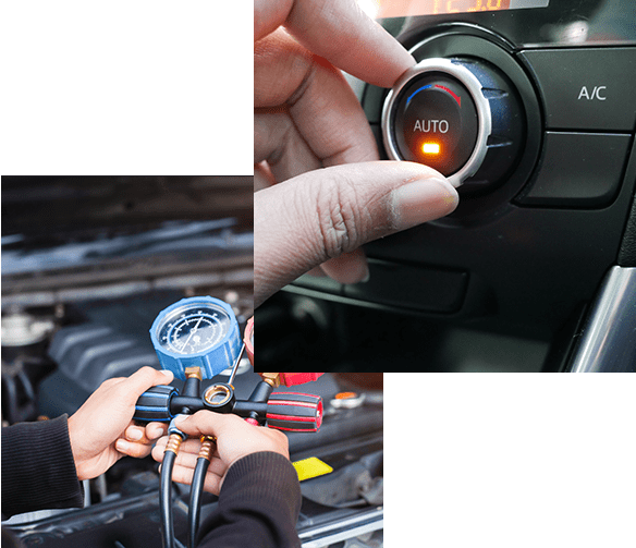hand turning on air conditioning system in a car, Device and meter liquid cooling in the car by specialist technicians