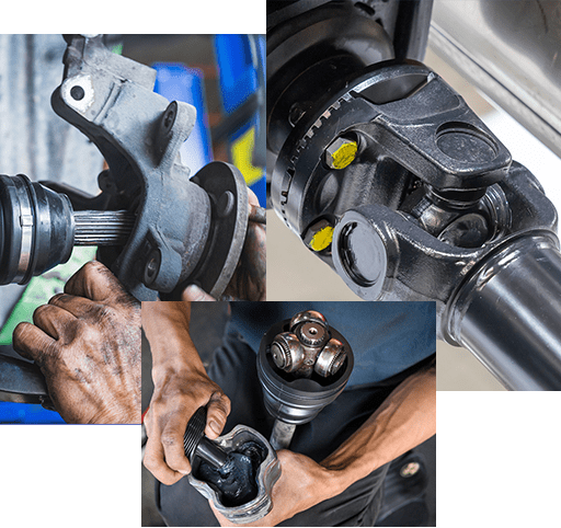 Auto mechanic adding grease to CV axle Joint in garage services.