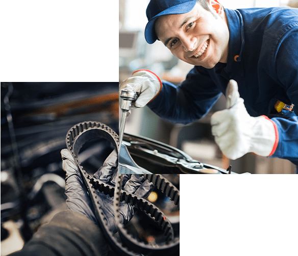 Mechanic repairing a car, automotive timing belt in the hand of an auto mechanic