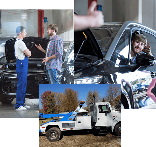 Photo of client discussing with worker of service station, Picture of happy driver in auto repair shop, Tow-truck