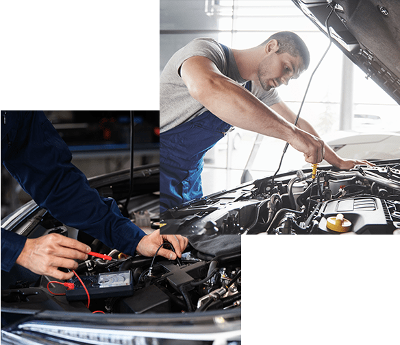 Picture showing muscular car service worker repairing vehicle mechanics hand check electrical wiring vehicle system in a car service